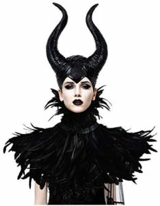 Gothic Black Crow Costume Feather Cape Shawl with Maleficent Horns Set