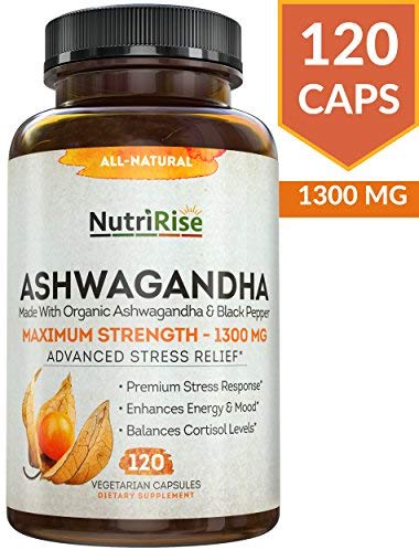 Ashwagandha 1300mg Made with Organic Ashwagandha Root Powder & Black Pepper Extract - 120 Capsules. 100% Pure Ashwagandha Supplement for Stress Relief, Anti-Anxiety & Adrenal, Mood & Thyroid Support