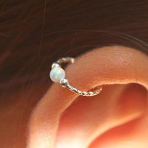 Cartilage Earring Hoop - 20G Sterling Silver helix piercing ear ring - white opal cartilage earring, silver cartilage hoop image
