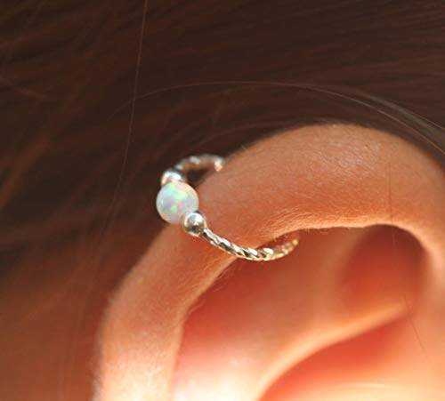 Cartilage Earring Hoop - 20G Sterling Silver helix piercing ear ring - white opal cartilage earring, silver cartilage hoop image