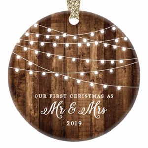 First Christmas as Mr & Mrs Ornament 2019 Rustic 1st Year Married Newlyweds 3" Flat Circle Porcelain Ceramic Ornament w Glossy Glaze, Gold Ribbon & Free Gift Box | OR00300 Delfino image