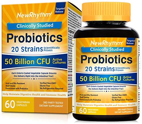 NewRhythm Probiotics 50 Billion CFU 20 Strains, 60 Veggie Capsules, Targeted Release Technology, Stomach Acid Resistant, No Need for Refrigeration, Non-GMO, Gluten Free