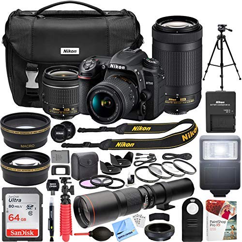 Nikon D7500 4K Ultra HD DSLR Camera with AF-P DX 18-55mm f/3.5-5.6G and 70-300mm f/4.5-6.3G NIKKOR Lens Kit + 500mm Preset f/8 Telephoto Lens + 0.43x Wide Angle, 2.2x Pro Bundle