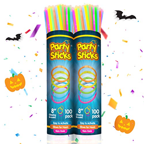 PartySticks Glow Sticks Jewelry Bulk Party Favors 200pk with Connectors - 8 Inch Glow in The Dark Party Supplies, Neon Party Glow Necklaces and Glow Bracelets