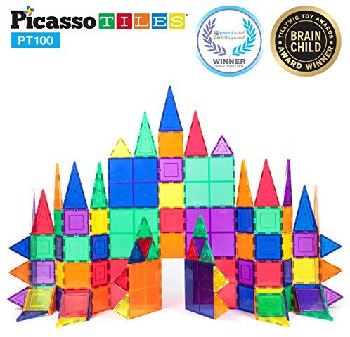 PicassoTiles 100 Piece Set 100pcs Magnet Building Tiles Clear Magnetic 3D Building Blocks Construction Playboards, Creativity beyond Imagination, Inspirational, Recreational, Educational Conventional