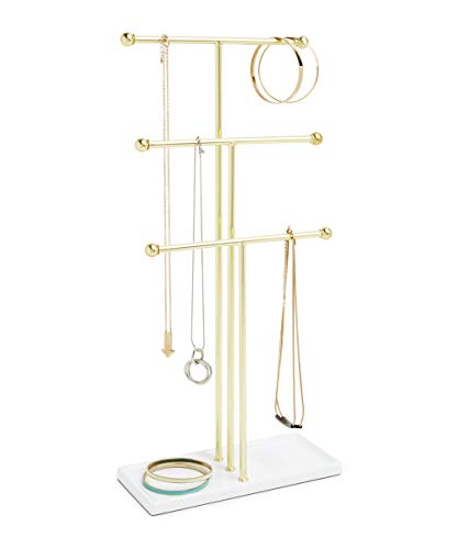 Umbra Brass Trigem Hanging Jewelry Organizer – 3 Tier Table Top Necklace Holder and Display, White