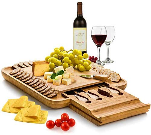 Mambolin Bambusi Premium Bamboo Cheese Board Set - Wooden Charcuterie Platter Serving Tray with Cutlery Set - Perfect for Birthday, Housewarming & Wedding Gifts