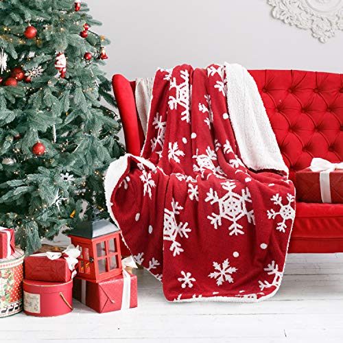 Bedsure Christmas Holiday Sherpa Fleece Throw Blanket Snowflake Red and White Fuzzy Warm Throws for Winter Bedding, Couch，Sofa and Gift 50x60 inches image