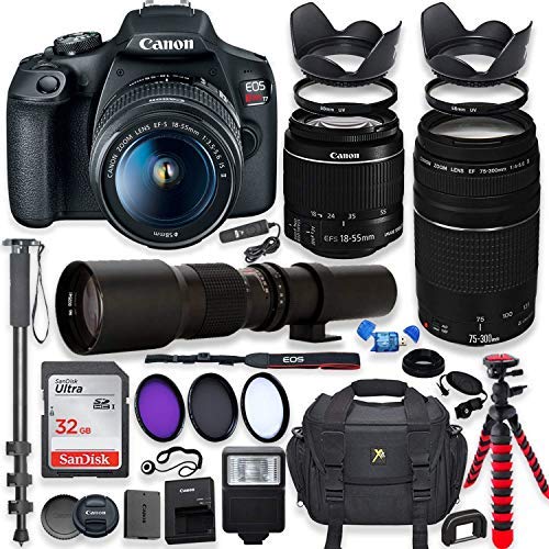 Mambolin Canon EOS Rebel T7 DSLR Camera with 18-55mm is II Lens Bundle + Canon EF 75-300mm f/4-5.6 III Lens and 500mm Preset Lens + 32GB Memory + Filters + Monopod + Spider Flex Tripod + Professional Bundle