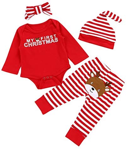 Mambolin Christmas 4Pcs Outfit Set Baby Girls Boys My First Christmas Rompers