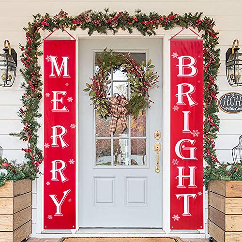 Mambolin Christmas Banner Decorations Outdoor Indoor Merry Bright Christmas Porch Sign Red Xmas Door Banner for Home Fireplace Wall Decor