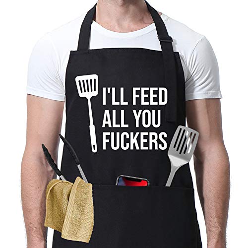 Mambolin I'll Feed All You - Funny Black Aprons for Men and Women with 3 Pockets - Birthday, Christmas, Thanksgiving Gifts for Mom, Dad, Husband, Wife - Miracu Kitchen Chef Cooking Grilling BBQ Baking Apron