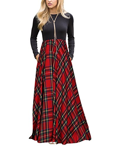 MEROKEETY Women's Plaid Long Sleeve Empire Waist Full Length Maxi Dress with Pockets image