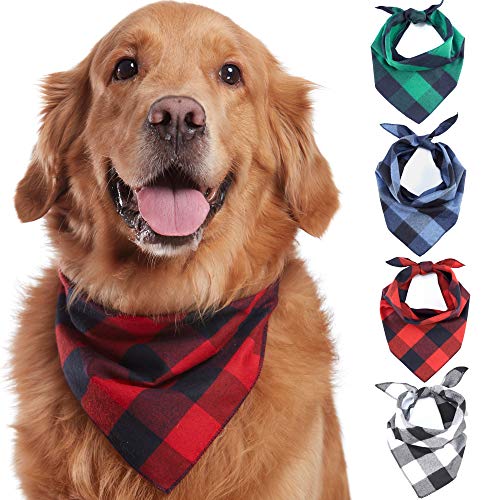 Mambolin Odi Style Buffalo Plaid Dog Bandana 4 Pack - Cotton Bandanas Handkerchiefs Scarfs Triangle Bibs Accessories for Small Medium Large Dogs Puppies Pets, Black and White, Red, Green, Blue and Navy Blue