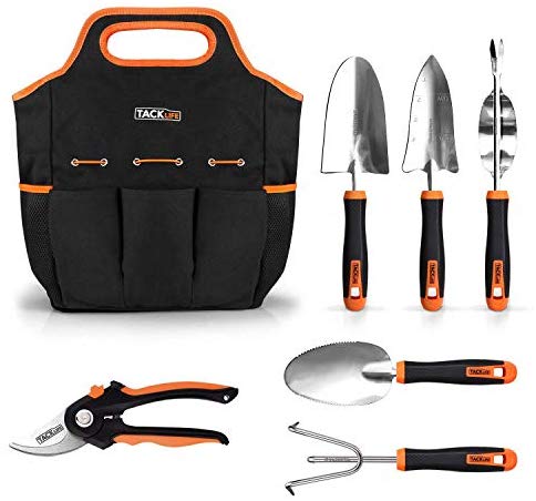 Mambolin TACKLIFE Garden Tools Set-7 Piece Stainless Steel Heavy Duty kit, GGT4A, Black and Orange