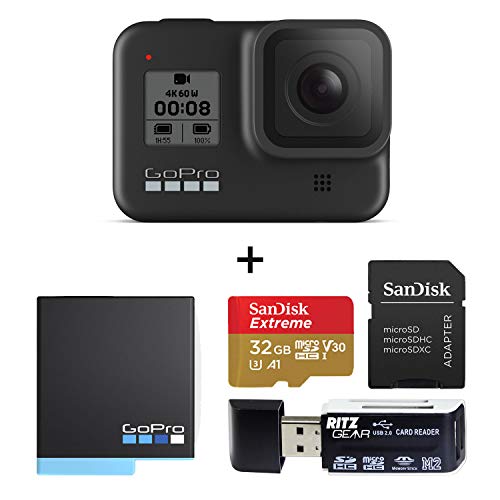 Mambolin GoPro HERO8 Black — Waterproof Action Camera with Touch Screen 4K Ultra HD Video 12MP Photos 1080p Live with Accessory Bundle + Extra GoPro USA Battery + Sandisk 32GB MicroSDHC U3 + Ritz Gear Reader