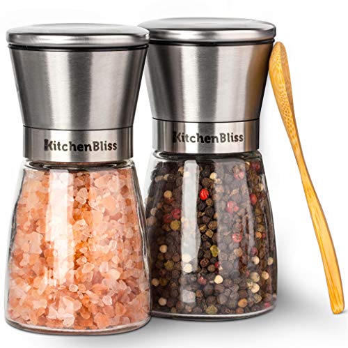 Mambolin Professional Salt and Pepper Grinder Set – Premium Stainless Steel Salt and Pepper Shakers with Ceramic Spice Grinder Mill for Adjustable Coarseness - Added Bonus a Bamboo spoon and a Cleaning Brush.