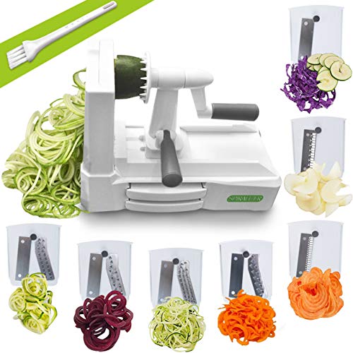 Mambolin Spiralizer Ultimate 7 Strongest-and-Heaviest Duty Vegetable Slicer Best Veggie Pasta Spaghetti Maker for Keto/Paleo/Gluten-Free, With Extra Blade Caddy & 4 Recipe Ebook, White