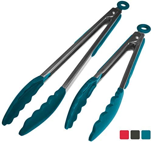 Mambolin StarPack Basics Silicone Kitchen Tongs (9-Inch & 12-Inch) - Stainless Steel with Non-Stick Silicone Tips, High Heat Resistant to 480°F, For Cooking, Serving, Grill, BBQ & Salad (Teal Blue)