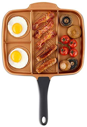 Mambolin VonShef Grill Pan Non Stick Aluminum, Easy Clean Griddle With Copper Colored Interior and Stainless Steel Handle, Induction Hob Ready, 11 Inches Diameter (11