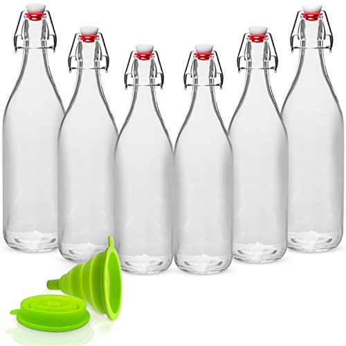 Mambolin WILLDAN Giara Glass Bottle with Stopper Caps, Set of 6-33.75 Oz Swing Top Glass Bottles for Beverages, Oils, Kombucha, Kefir, Vinegar, Leak Proof Lids