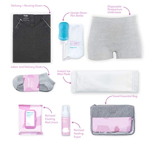 Frida Mom Hospital Packing Kit for Labor, Delivery, Postpartum | Nursing Gown, Socks, Peri Bottle, Disposable Underwear, Ice Maxi Pads, Pad Liners, Perineal Foam, Toiletry Bag (15 Piece Gift Set)