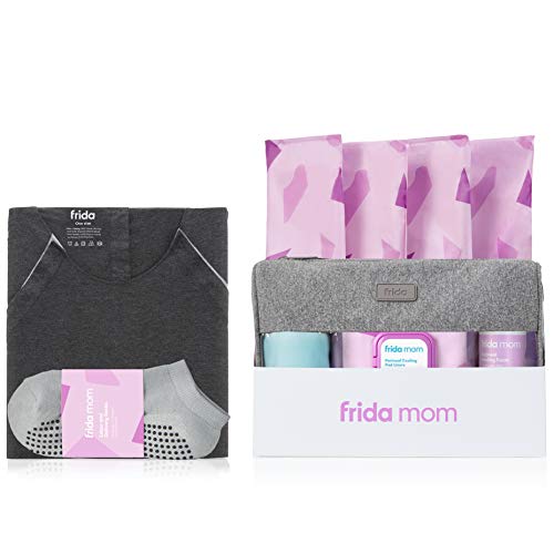 Frida Mom Hospital Packing Kit for Labor, Delivery, Postpartum | Nursing Gown, Socks, Peri Bottle, Disposable Underwear, Ice Maxi Pads, Pad Liners, Perineal Foam, Toiletry Bag (15 Piece Gift Set)