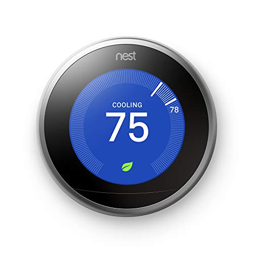 Google, T3007ES, Nest Learning Thermostat, 3rd Gen, Smart Thermostat, Stainless Steel, Works With Alexa