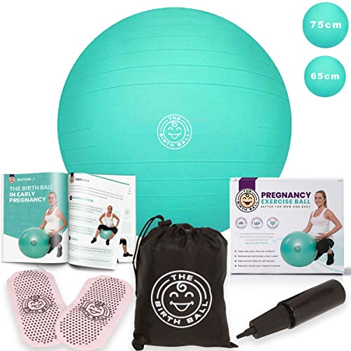 The Birth Ball - Birthing Ball for Pregnancy & Labor - 18 Page Pregnancy Ball Exercises Guide by Trimester - Non Slip Socks - How to Dilate, Induce, Reposition Baby for Mom