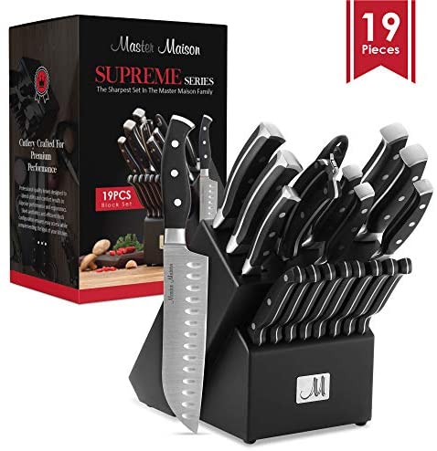 19-Piece Premium Kitchen Knife Set With Wooden Block | Master Maison German Stainless Steel Cutlery With Knife Sharpener & 8 Steak Knives