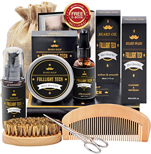 Beard Kit for Men Grooming & Care W/Beard Wash/Shampoo,Unscented Beard Growth Oil,Beard Balm Leave-in Conditioner,Beard Comb,Beard Brush,Beard Scissor 100% Natural & Organic for Beard Care