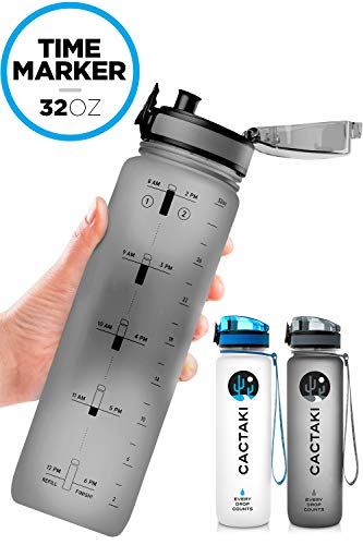 Cactaki 32oz Water Bottle with Time Marker, BPA Free Water Bottle, Non-Toxic, Leakproof, Durable, for Fitness and Outdoor Enthusiasts