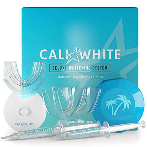 Cali White Vegan Teeth WHITENING KIT with LED Light, Made in USA, Natural & Organic Peroxide Gel, Professional Dental Whitener, Best Home System: 2 X 5mL Syringes, Custom Trays, Retainer Case