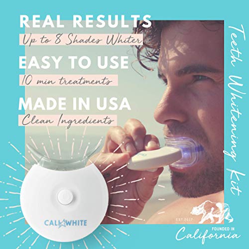 Cali White Vegan Teeth WHITENING KIT with LED Light, Made in USA, Natural & Organic Peroxide Gel, Professional Dental Whitener, Best Home System: 2 X 5mL Syringes, Custom Trays, Retainer Case