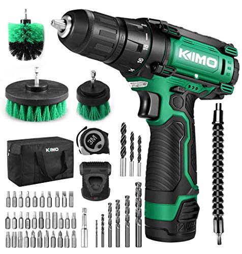 Cordless Drill/Driver Kit, 48pcs Drill Set w/Lithium-Ion Battery Brushes Tape Measure - 12V Max Drill 280 In-lb Torque, 18+1 Metal Clutch, 3/8" Keyless Chuck, Built-in LED - Wood Bricks Walls Metal