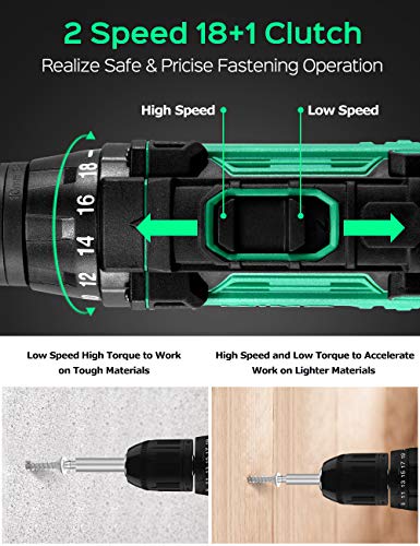 Cordless Drill/Driver Kit, 48pcs Drill Set w/Lithium-Ion Battery Brushes Tape Measure - 12V Max Drill 280 In-lb Torque, 18+1 Metal Clutch, 3/8
