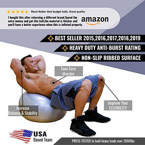 DYNAPRO Exercise Ball – Extra Thick Eco-Friendly & Anti-Burst Material Supports Over 2200lbs – Stability Ball for Home, Gym, Chair, Birthing Ball