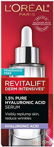 Hyaluronic Acid Serum for Skin, L'Oreal Paris Skincare Revitalift Derm Intensives 1.5% Pure Hyaluronic Acid Face Serum, Hydrates, Moisturizes, Plumps Skin, Reduces Wrinkles, Anti Aging Serum, 1.7 Oz