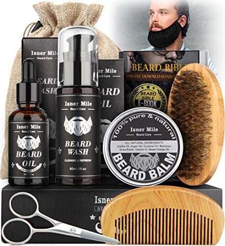 Isner Mile Beard Kit for Men, Grooming & Trimming Tool with Beard Shampoo Wash, Beard Care Oil Growth, Balm, Brush, Comb, Scissors, Shaping Template & Beard Guard, Perfect Gifts for Him Dad Boyfriend