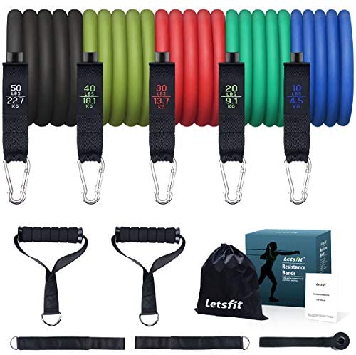 Letsfit Resistance Bands Set, Exercise Bands with Handles, Training Tubes with Door Anchor & Ankle Straps for Resistance Training, Physical Therapy, Home Workout, Yoga, Pilates Stackable up to 150 lb