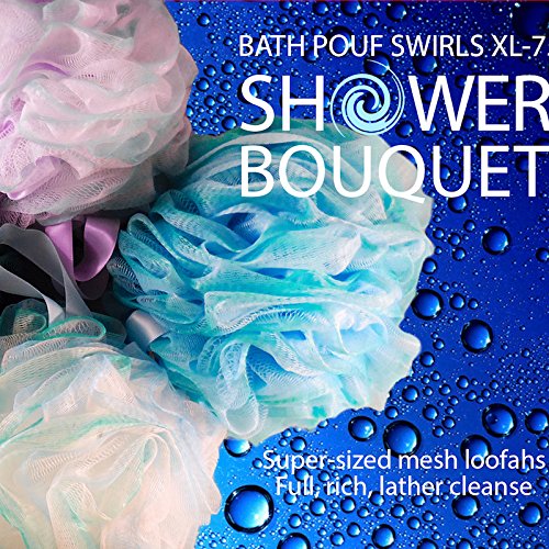 Loofah Bath Sponge Swirl Set XL 75g by Shower Bouquet: Extra Large Mesh Pouf (4 Pack Color Swirls) Luffa Loofa Loufa Puff Scrubber - Big Full Lather Cleanse, Exfoliate with Beauty Bathing Accessories