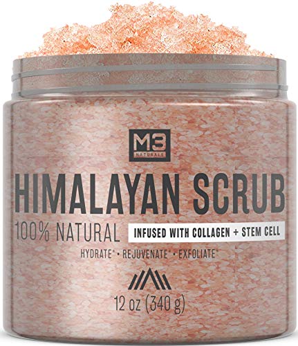 M3 Naturals Himalayan Salt Scrub Infused with Collagen and Stem Cell All Natural Exfoliating Body and Face for Acne Cellulite Dead Skin Scars Wrinkles Cleansing Exfoliator 12 oz