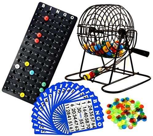 Mambolin Regal Games Deluxe Bingo Cage Game Set - 8 Inch Metal Cage with Plastic Masterboard, 75 Multi-Color Bingo Balls, Bingo Cards and Bingo Chips