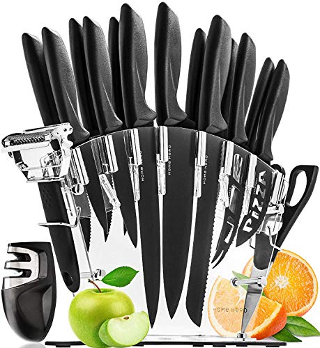 Stainless Steel Knife Set with Block - 13 Kitchen Knives Set Chef Knife Set with Knife Sharpener, 6 Steak Knives, Bonus Peeler Scissors Cheese Pizza Knife and Acrylic Stand by Home Hero