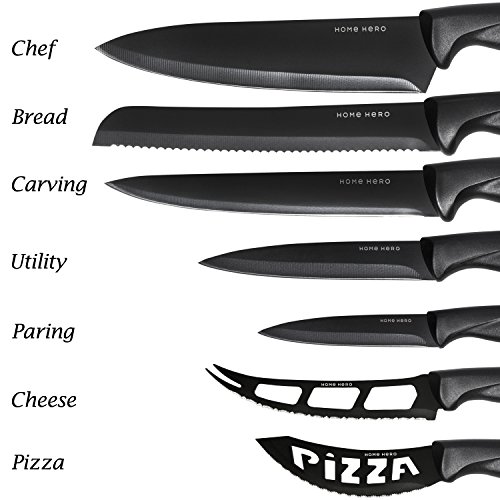 Stainless Steel Knife Set with Block - 13 Kitchen Knives Set Chef Knife Set with Knife Sharpener, 6 Steak Knives, Bonus Peeler Scissors Cheese Pizza Knife and Acrylic Stand by Home Hero