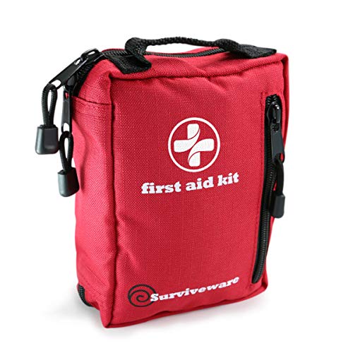 Surviveware Small First Aid Kit with Labelled Compartments for Hiking, Backpacking, Camping, Travel, Car and Cycling.