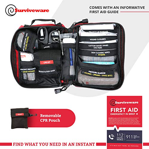 Surviveware Small First Aid Kit with Labelled Compartments for Hiking, Backpacking, Camping, Travel, Car and Cycling.