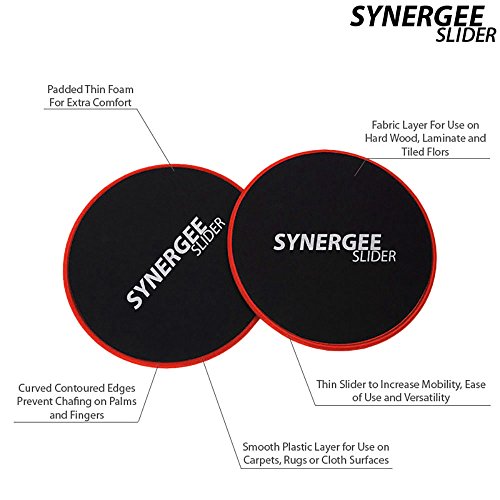 Synergee Core Sliders. Dual Sided Use on Carpet or Hardwood Floors. Abdominal Exercise Equipment