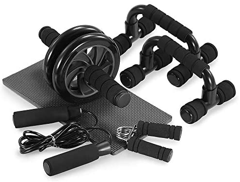 TOMSHOO 5-in-1 AB Wheel Roller Kit AB Roller Pro with Push-UP Bar, Hand Griper, Jump Rope and Knee Pad - Portable Equipment for Home Exercise, Workout (Upgraded Version)