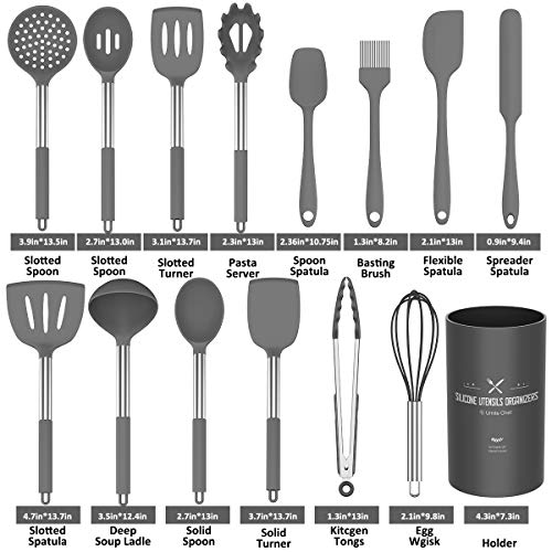 Umite Chef Kitchen Utensils Set, 15 pcs Silicone Cooking Kitchen Utensils Set, Heat Resistant Non-stick BPA-Free Silicone Stainless Steel Handle Turner Spatula Spoon Tongs Whisk Cookware (Grey)